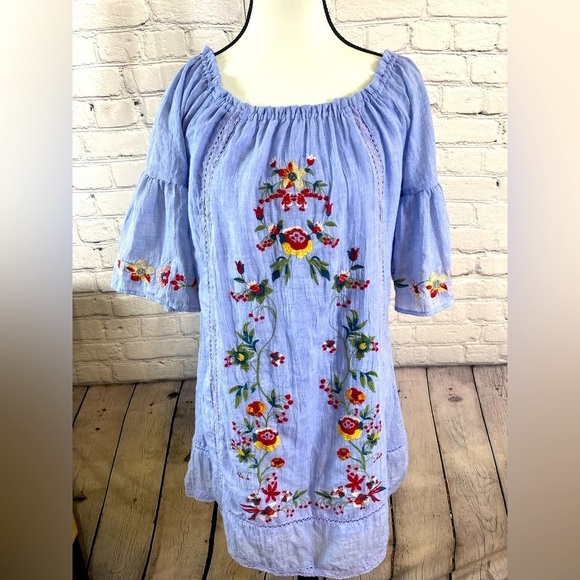 Umgee Blue Floral Embroidered Boho Peasant Mini Dress Size Small Babydoll Dress - Picture 1 of 9